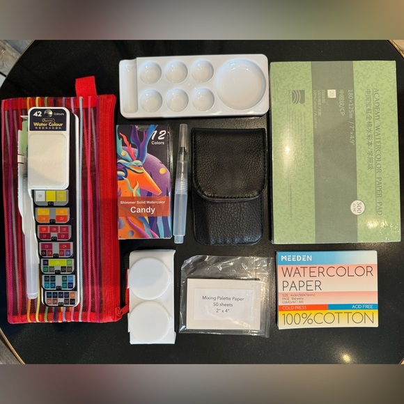 Travel Watercolor Painting Set - 42 Color Fan, Portable Brushes, Carrying Case - Picture 2 of 14